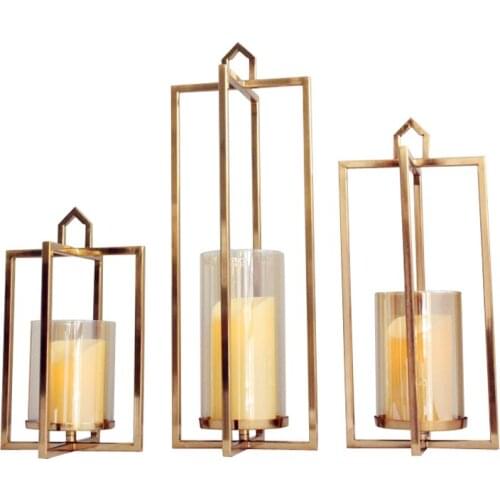Gold Geometric Candle Holder Lantern Metal Candlestick Decor Glass Christmas Wind Light Kerzenhalter Home Tealight