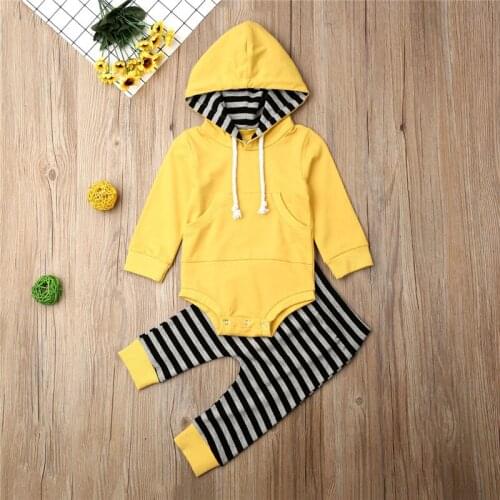 0-24months 2pcs Newborn Clothes Set Yellow Green Gray Hoodies Jumpsuits Set Baby Boys Rompers Striped Pants Baby Boys Active Set