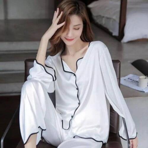 2021 Spring New Style Spring Summer Sexy Ice Silk Pajamas Set Solid Color Long Sleeve Trousers Edging Home Clothes Sleepwear