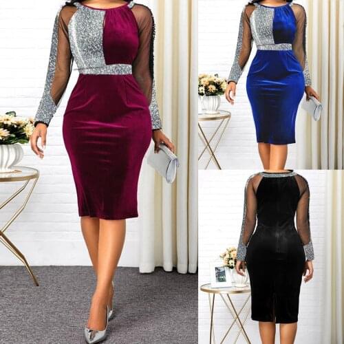 40# Summer Autumn Dress Women Casual Plus Size Mesh Long Sleeve Office Lady Sequined Vintage Sexy Party Dresses Bodycon Dress