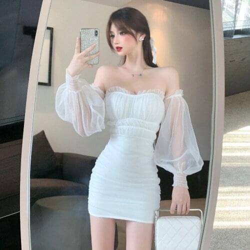 Lace White Dresses for Women Party Fashion Brand Puff Sleeve Perspective Ladies Off Shoulder Slash Neck Bodycon Dress New