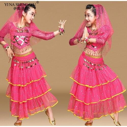 Kids Belly Dance Costumes Set Oriental Dance Costumes Girls Egypt Egyptian Bollywood Indian Belly Dancing Skirt India 3 Color