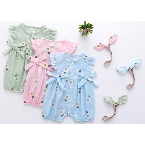 Childrens new summer pure cotton thin short-sleeved fashion printed bowknot casual childrens jumpsuit