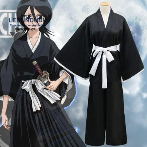 Hot Sale Anime Bleach Kuchiki Rukia Cosplay Shinigami Death Kimono Soul Reaper Full Set Captain Unisex Halloween Costume