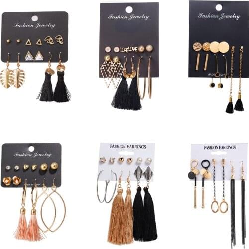 Long Tassel earrings set gold Geometr Earrings for women Pearl Stud Earrings big hoop Dangle Earring