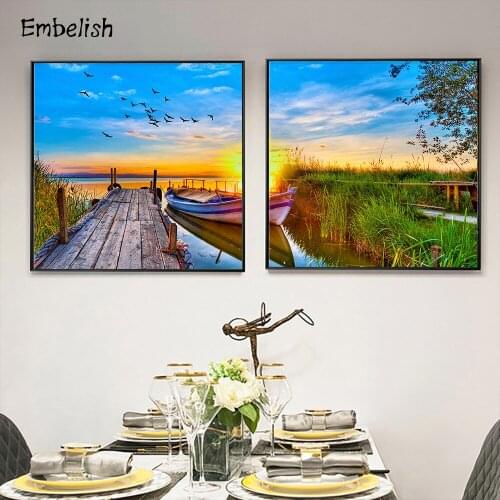 2 Pieces Sunset Wooden Bridge Landscape Wall Art Pictures For Living Room Modern Home Decor Large Posters HD Canvas Oil Painting
