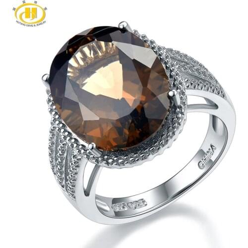 HUTANG Wedding Rings 8.3ct Natural Smoky Quartz Solid 925 Sterling Silver Cocktail Ring Gemstone Fine for Womens Girls Gift New