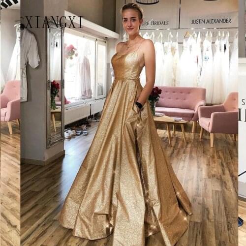 Charming Gold Evening Dresses Long Shinning A-Line Spaghetti Strap Floor Length Evening Dress Party Gowns Vestido de festa 2020