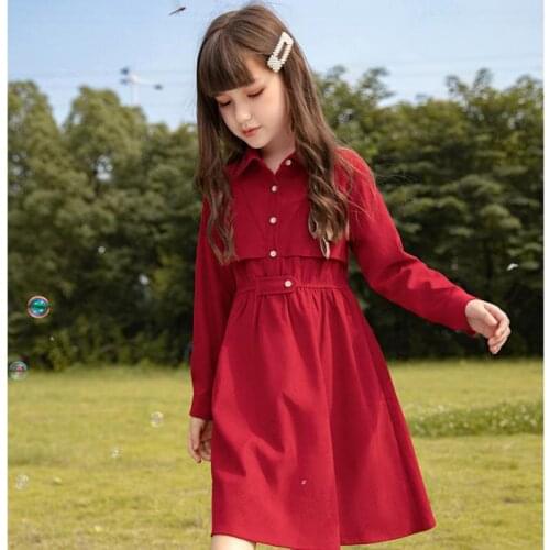 5 8 10 12 14 Years Girls Dress Autumn Spring Turn Down Collar Long Sleeve Mid Length Gowns Kids Casual Daily Dresses Clothes