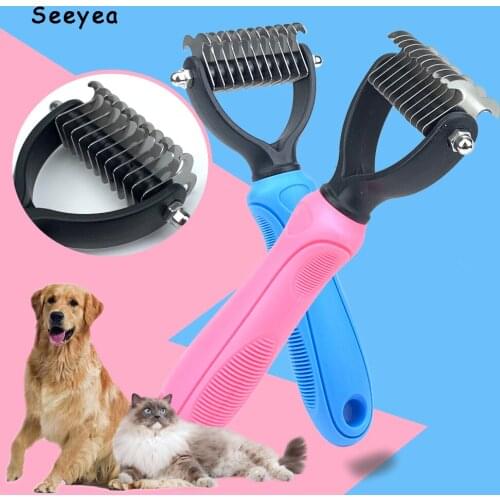 Pet Hair Removal Comb Dog Grooming Shedding Tools Pet Fur Knot Cutter Cat Hair Comb Brush Double Sided Dog Supplies Seeyea