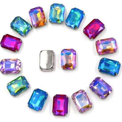 Silver base Rectangular octagon crystal Glass flatback sew on rhinestones with claw DIY clothing Accessories