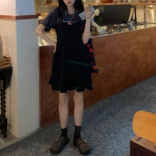 VSUE Girls Causal Two Piece Set Print O-Neck T-Shirt Camisole Strap Ruffles Edible Tree Fungus Lace Pleated Short Dress SetT3057