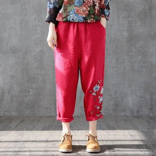 Female Cotton Linen Loose Pants Arts Style Spring Women Harem Pants Elastic Waist Vintage Embroidery Casual Pants Plus Size