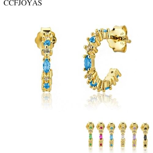 CCFJOYAS 925 Sterling Silver C-type Stud Earrings for Women Simple Blue/White/Black/Purple/Green/Rose red color Zircon Earrings
