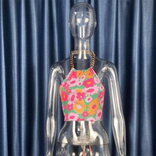 Women Summer Sexy Halter Chain Off Shoulder Crop Top Backless Lace-Up Camis Vest Boho Floral Print Sleeveless Shirts
