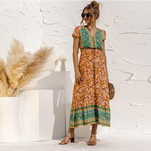 Floral Summer Dress Women Bohemian Short Sleeve Woman Dress Female Button V Neck Ruffle Ladies Dresses for Women 2021 robe femme