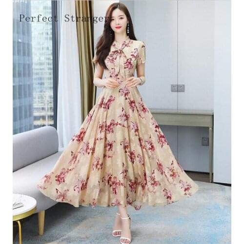 2020 Summer New Arrival High Quality Elegant Round Collar Dots Printed Plus Size S-3XL Women Chiffon Long Dress