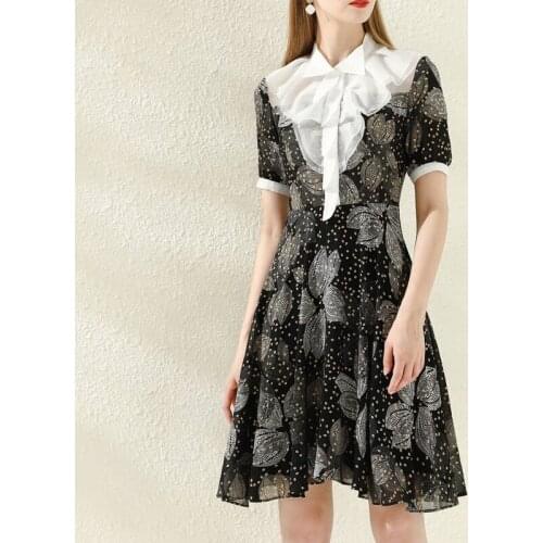 QUALITY New HIGH Fashion 2021 Runway Dress Womens Stand Collar short sleeve Ruffles Chiffon Vintage Floral Print Dress