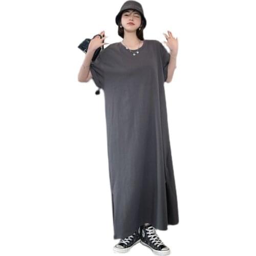 NYFS Summer dress 2021 New Loose Vintage long dress Vestidos Robe Elbise Fashion Short sleeve Solid Cotton Woman dress