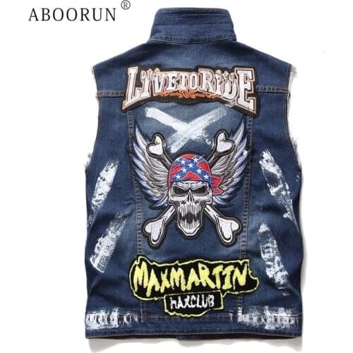 ABOORUN Mens Skull EmbroideryDenim Vests Fashion Skinny Painted Sleeveless Jackets for Male