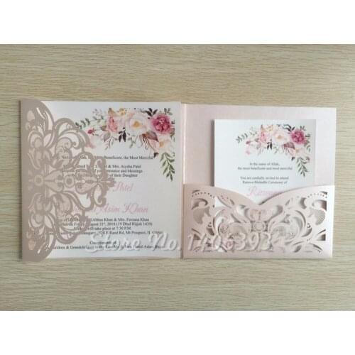 50pcs Laser Cut Square Flowers Tri-fold Customized Paper set Greeting Wedding Invitations printable RSVP Cards Party Supplies