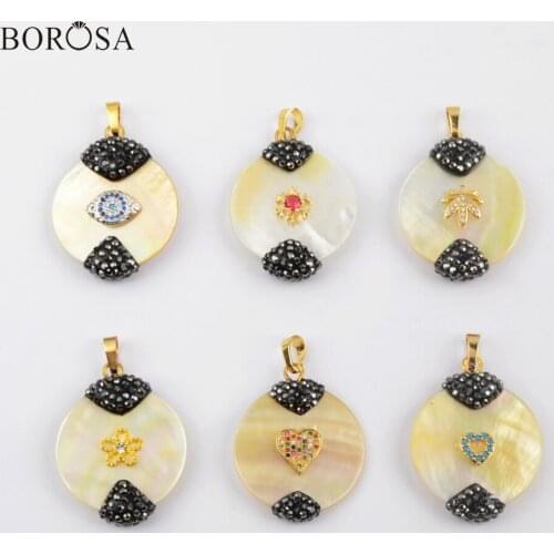 BOROSA 5/10Pcs Natural White Shell CZ Micro Pave Rhinestone Pendant Mixed Heart Flower Paved Shape Pendants for Necklace JAB967