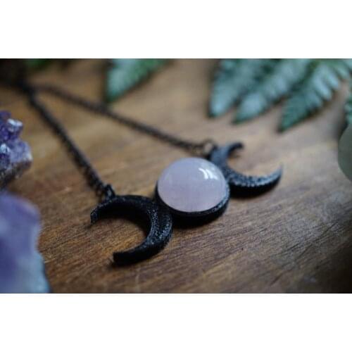 Black Triple Moon Goddess and Rose Quartz Necklace - Moon Necklace - Moon Phase Necklace - Celestial - Moon Jewelry