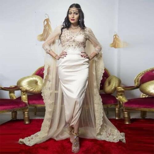 Moroccan Caftan Dress Ivory Appliques Long Evening Dress With Shawl See Thru Sleeves Arabic Muslim Prom Gown свадебное платье
