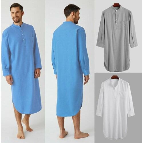Cotton Islamic Clothing Men Long Nightshirt One Piece Nightgown Large Bathrobe Caftan Vacation Saudi Dress Men Thobe Robe Muslim