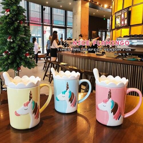 Ins Hot Unicorn Ceramic Coffee Cup with Crown Lid and Spoon,Cute Mug As a Gift,12oz,5 Inch