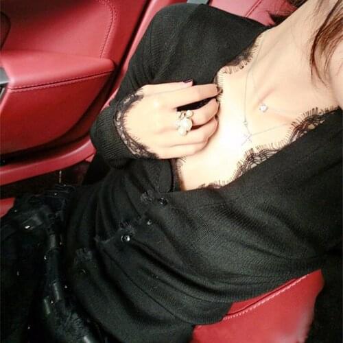 Sexy Women Cardigan Knitted Sweater Coat Short Crochet Female Casual V-Neck with Lace Woman Cardigans Solid Tops Black Apricot