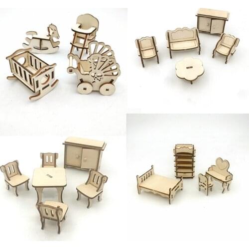 Hot Selling Dollhouse Miniature Unpainted Wooden Furniture Kit DIY Bathroom Living Room Dollhouse Kitchen Baby Room Toy Gift