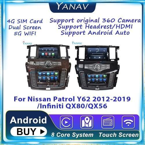 Newest Dual Screen Car Radio Android For Nissan Patrol Y62 2012-2019 For Infiniti QX80 /QX56 Car Stereo Video Multimedia Player