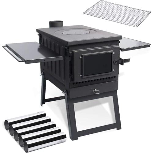 Portable Wood Stove for Camp Tent w/ Large Firebox, Include Heat Resistant Glass, Stainless Steel Grill & Chimney Pipes