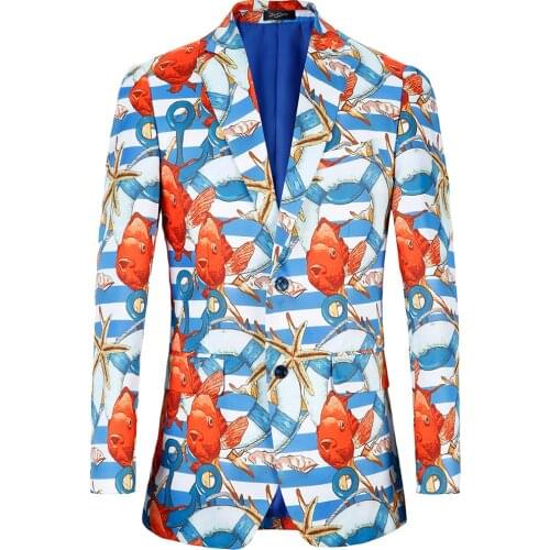 Trip Casual Men Blazer Gold Fish Sea Print Blazers Beach Big US Size 38R Fancy Suit Jacket Stage Costumes Plus Size Blazers Mens