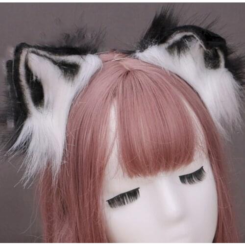 Furry Plush Foldable Wolf Cat Ears Headband Contrast Color Simutation Animal Hair Hoop Japanese Kawaii Cosplay Headpiece
