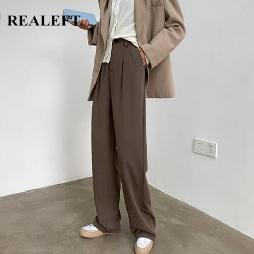 REALEFT 2021 New Autumn Loose Office Wide Leg Womens Pants High Waist Button Female Elegant Minimalism Workwear Chic Trousers