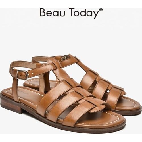 Gladiator Sandals Women Cow Leather Ankle Buckle T-Strap Hollow Design Casual Summer Lady Flat Shoes Handmade BeauToday 33042
