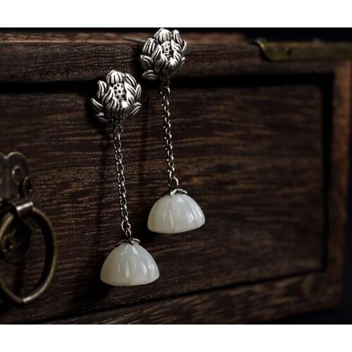 Pure silver inlay hetian jade white jade lotus lotus restoring ancient ways ms high-grade pendant earrings wholesale