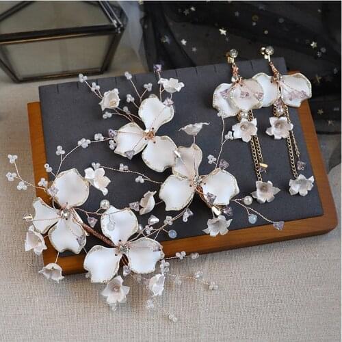 Bridal Headdress Amethyst Glitter Petal Hair clip Sweet white flower wedding hair accessories de novia