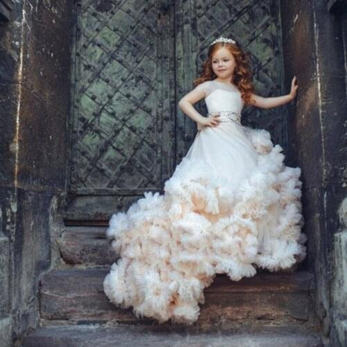 White Ivory Tulle A Line Flower Girl Dresses First Communication Dress Girls Wedding New Year Party Dresses With Train