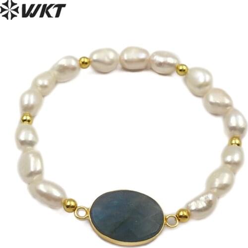 WT-B457 WKT Labradorite&Pearl Bracelet Oval Shape Labradorite Pendant With Shape White Pearl Handmade Bracelet Jewelry