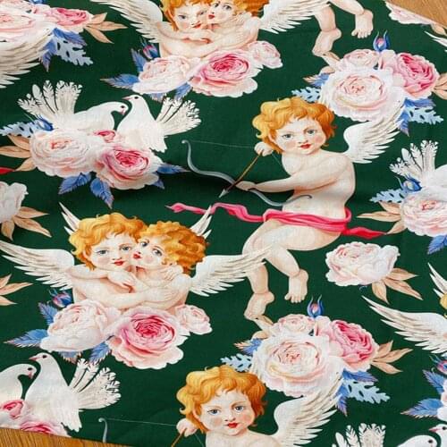 Angels Print Green 100% Cotton Fabric for Boy Clothes Hometextile Cushion Cover Curtain DIY 105cm Width-BL257