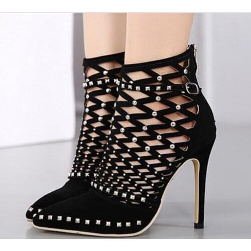 2021 Gladiator Roman Sandals Summer Rivet Studded Cut Out Caged Ankle Boots Stiletto High Heel Women Sexy Shoes Pumps