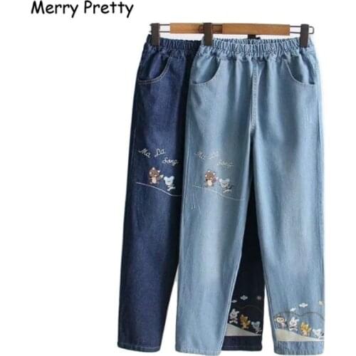 Merry pretty Vintage Boyfriends Jeans Female Cartoon Embroidey Women Elastic High Waist Denim Pants Trousers Chic Mom Loose Jean