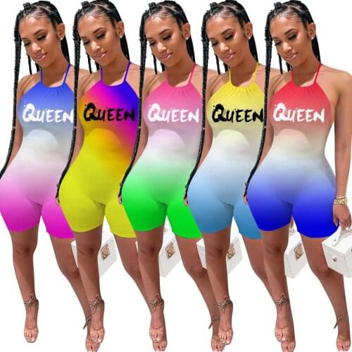 Echoine 2021 Women Gradient Letter Backless Rompers Sexy Bodycon Halter Neck Playsuit Skinny Summer Beach Party Overall Outfit