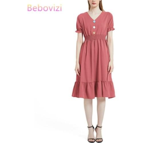 S-XXL Red Black Yellow Green Blue Solid Japanese Mori Sennu Summer Women Midi Dress Short Sleeve V-neck Fashion Korean Clothes