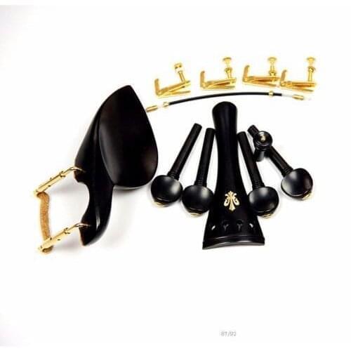1 Set New Top Grad Ebony Wood 4/4 Violin Parts Chin Rest Golden Clamps Endpin Tuners Pegs Tailpiece Tail Gut