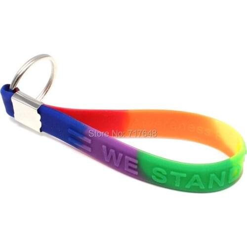 200PCS keyring we stand together Breast Cancer Ribbon Awareness keychain wristband silicone bracelets free shipping by FEDEX