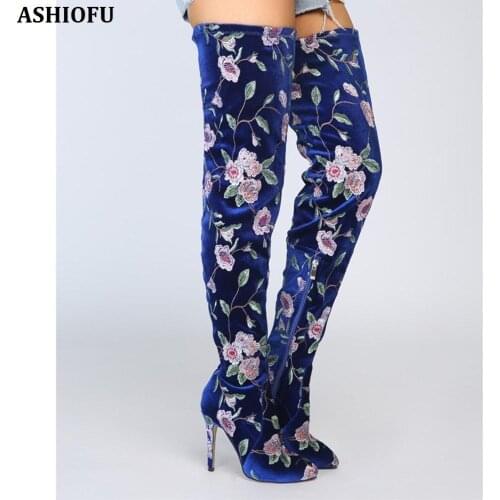ASHIOFU Handmade Womens Thigh High Boots Flower Leather Party Prom Over Knee Boots Stiletto High Heel Fashion Winter Long Boots